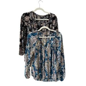Bundle Lot of 2 Lucky Brand Boho Blouse Tops Size LG Blue‎ Black Floral Casual